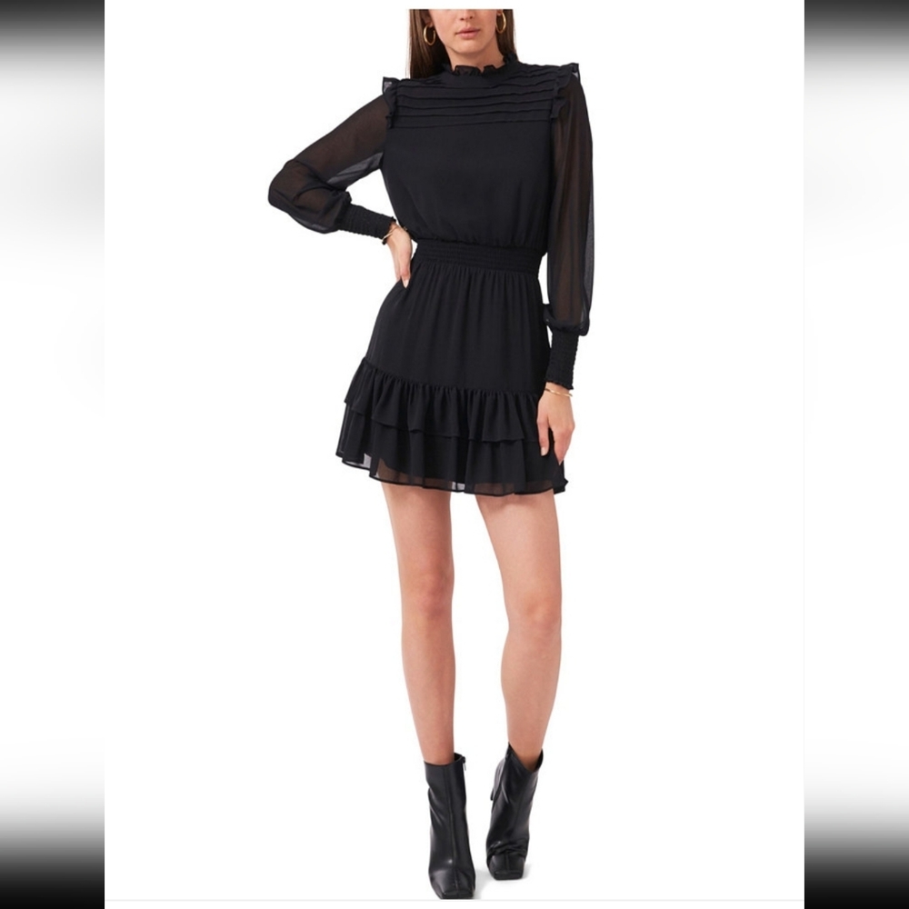 1. Stste Long Sleeve Black Smocked Waist Ruffle Hem Dress Size L